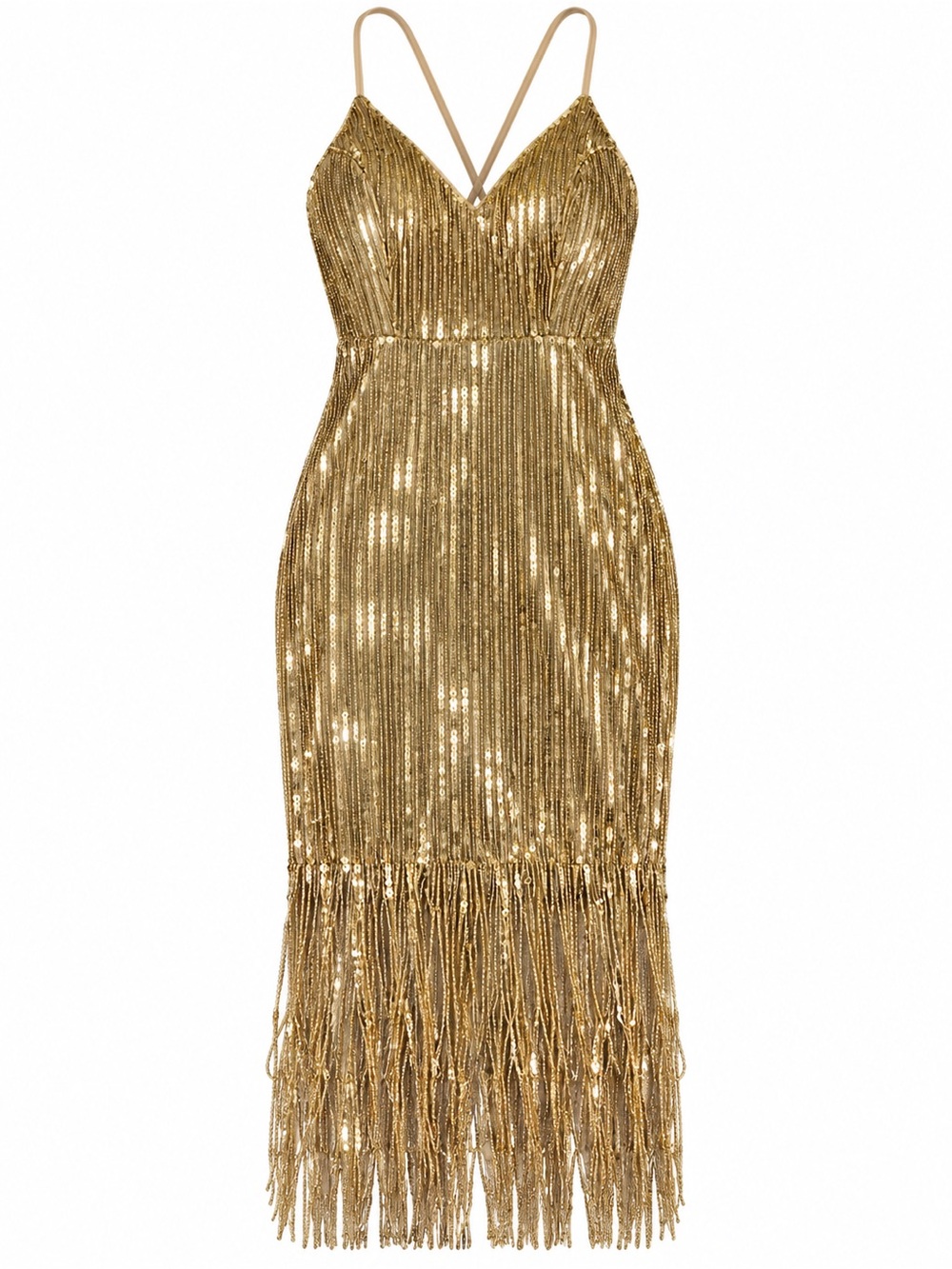 Rose Gold Sequin Fringe Midi Dress with Spaghetti Straps